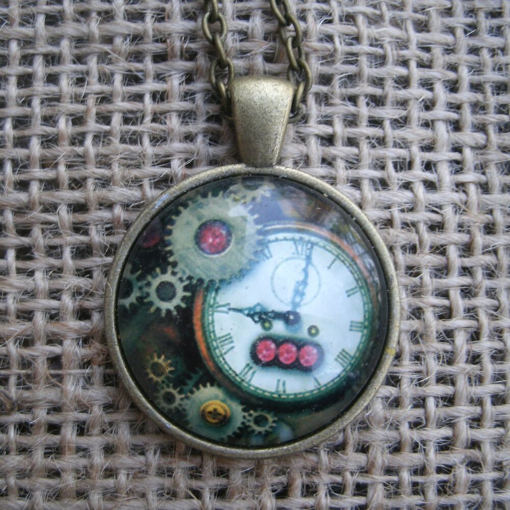 Steampunk Clock & Gears Glass Cabochon Pendant Necklace